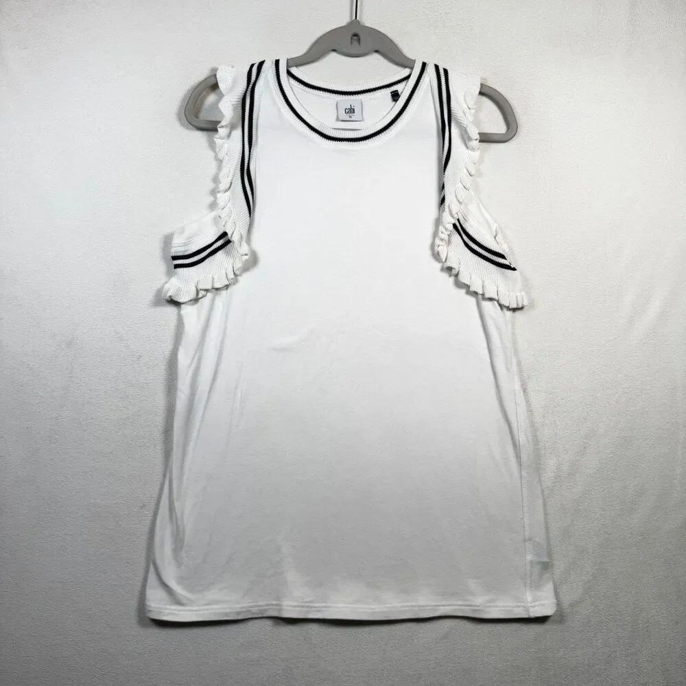 Cabi Topspin M White Cold Shoulder Tank Ruffle Knit Trim Top